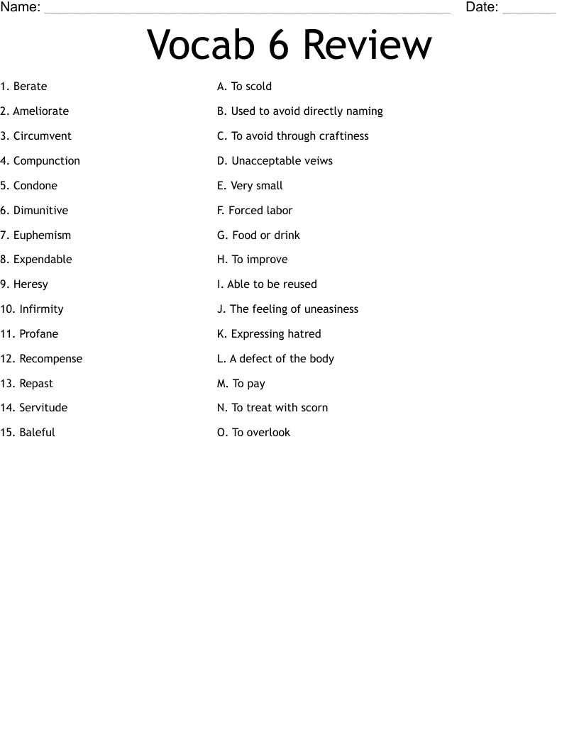 Vocab 6 Review Worksheet