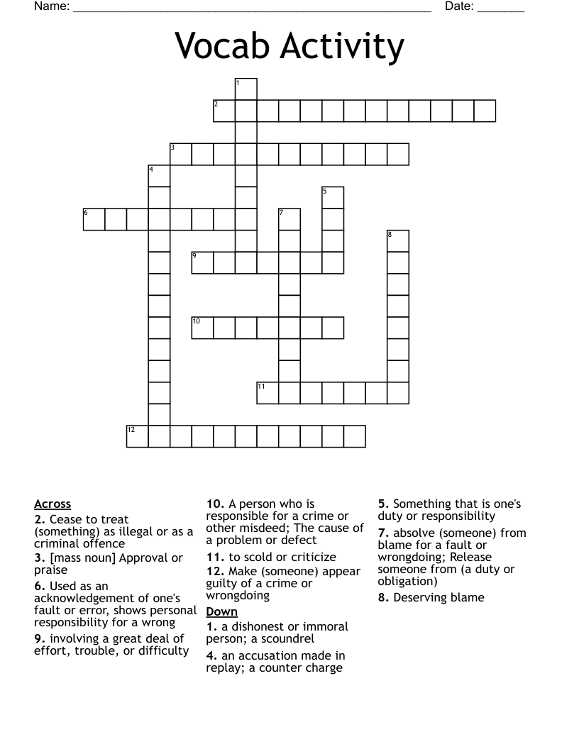 Vocab Activity Crossword
