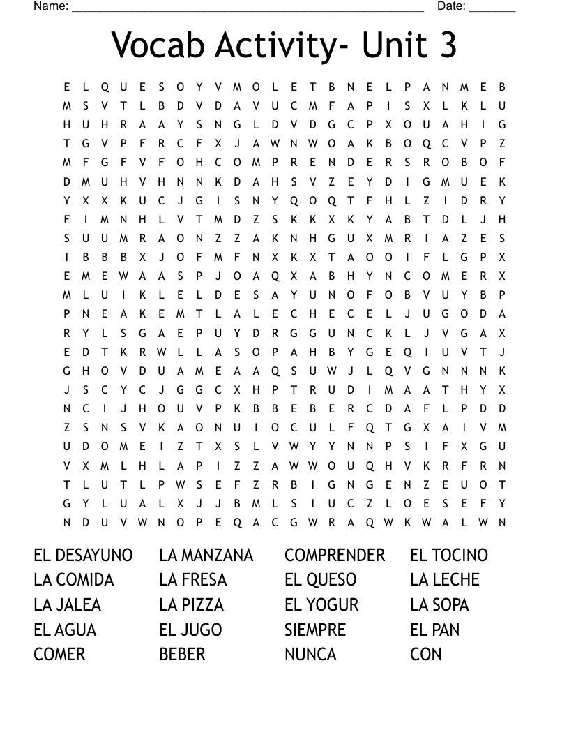 Vocab Activity- Unit 3 Word Search