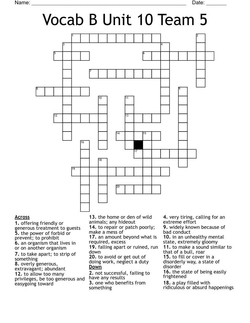 Vocab B  Unit 10 Team 5 Crossword