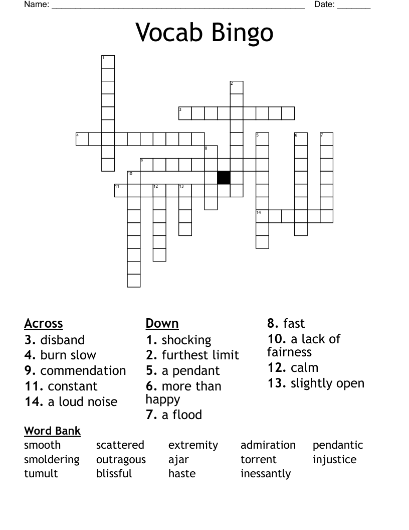 Vocab Bingo Crossword