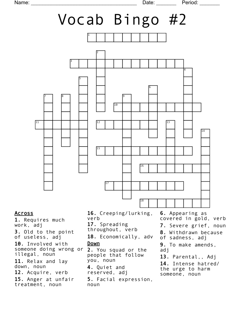 Vocab Bingo #2 Crossword