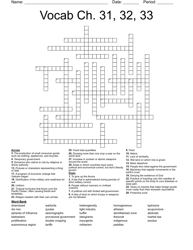 Vocab Ch. 31, 32, 33 Crossword