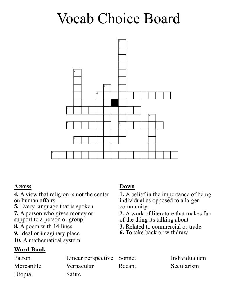 Vocab Choice Board Crossword