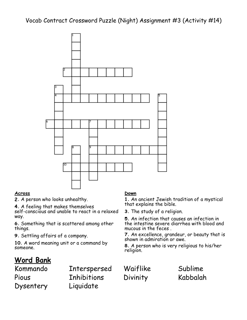 Vocab Contract Crossword Puzzle (Night) Assignment #3 (Activity #14)