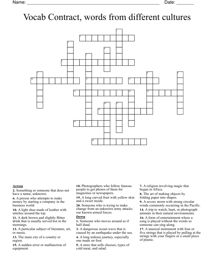 Vocab Contract, words from different cultures  Crossword