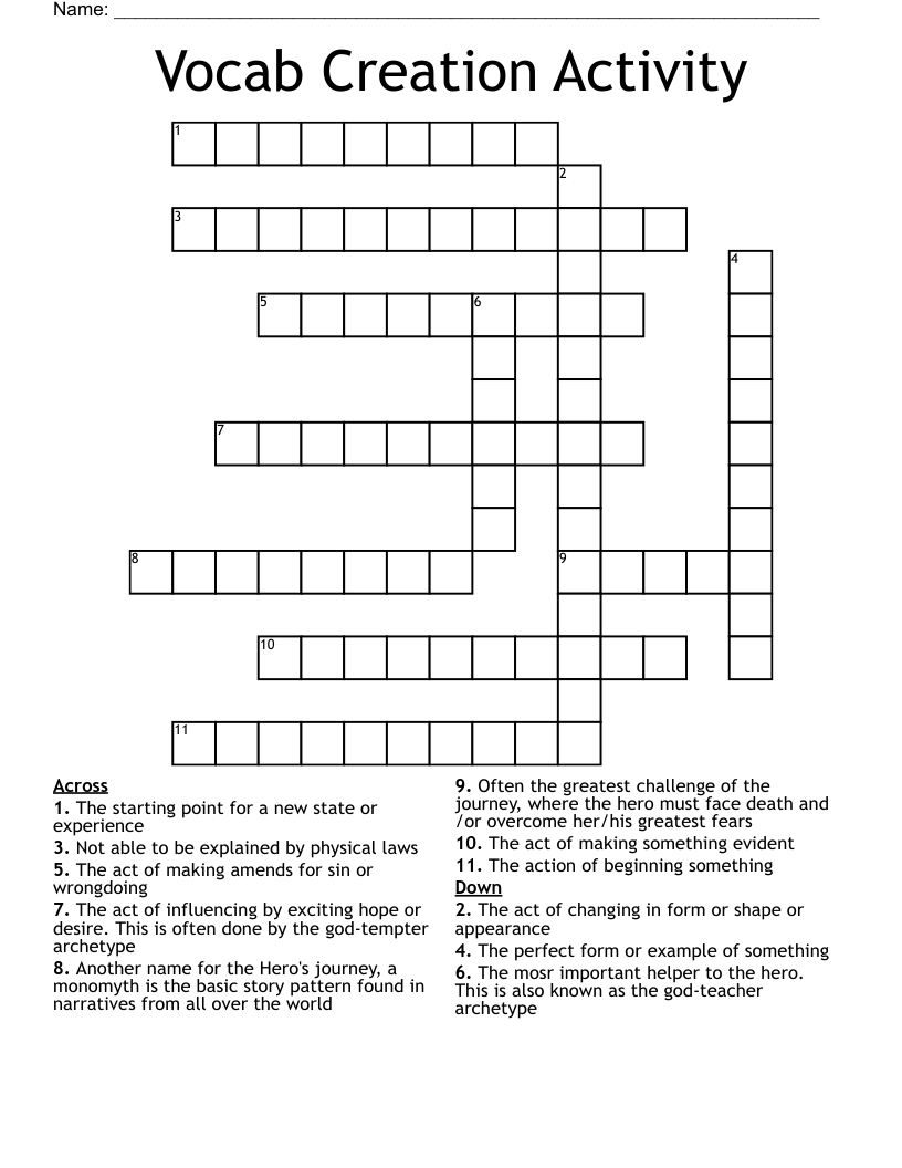 Vocab Creation Activity Crossword