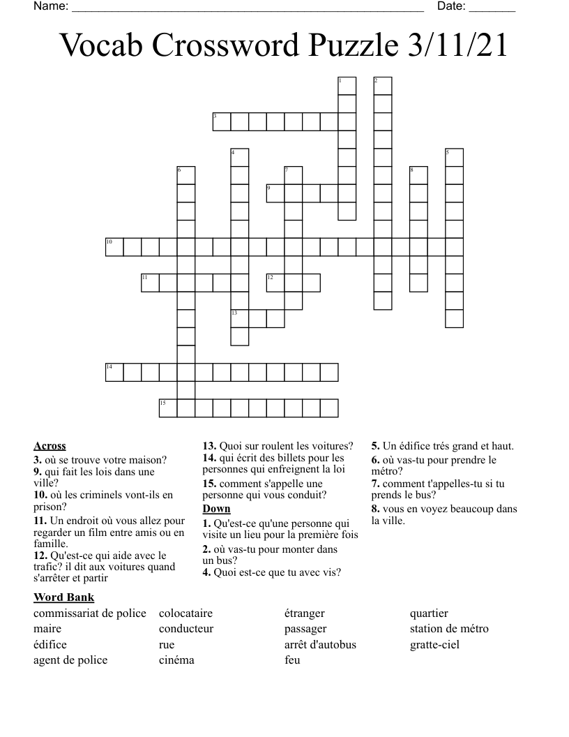 Vocab Crossword Puzzle 3/11/21