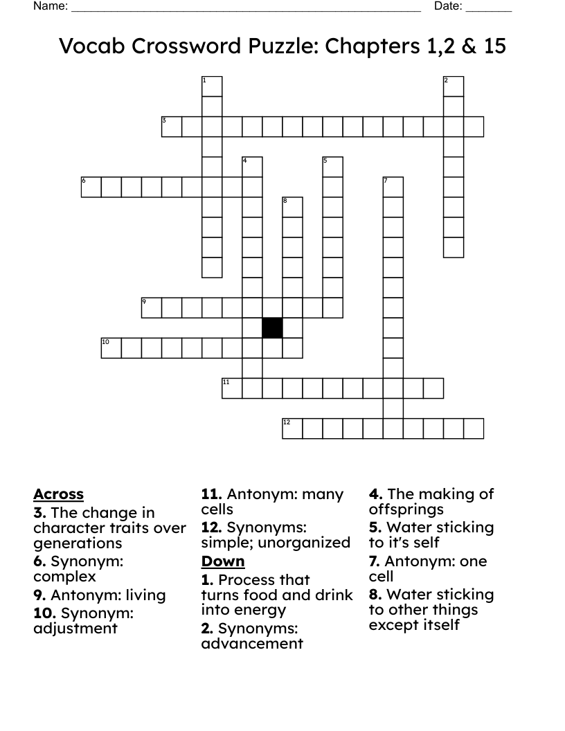 Vocab Crossword Puzzle: Chapters 1,2 & 15