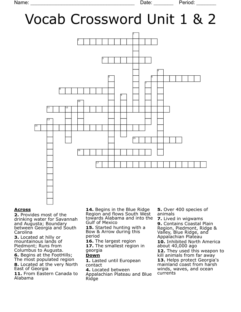Vocab Crossword Unit 1 & 2