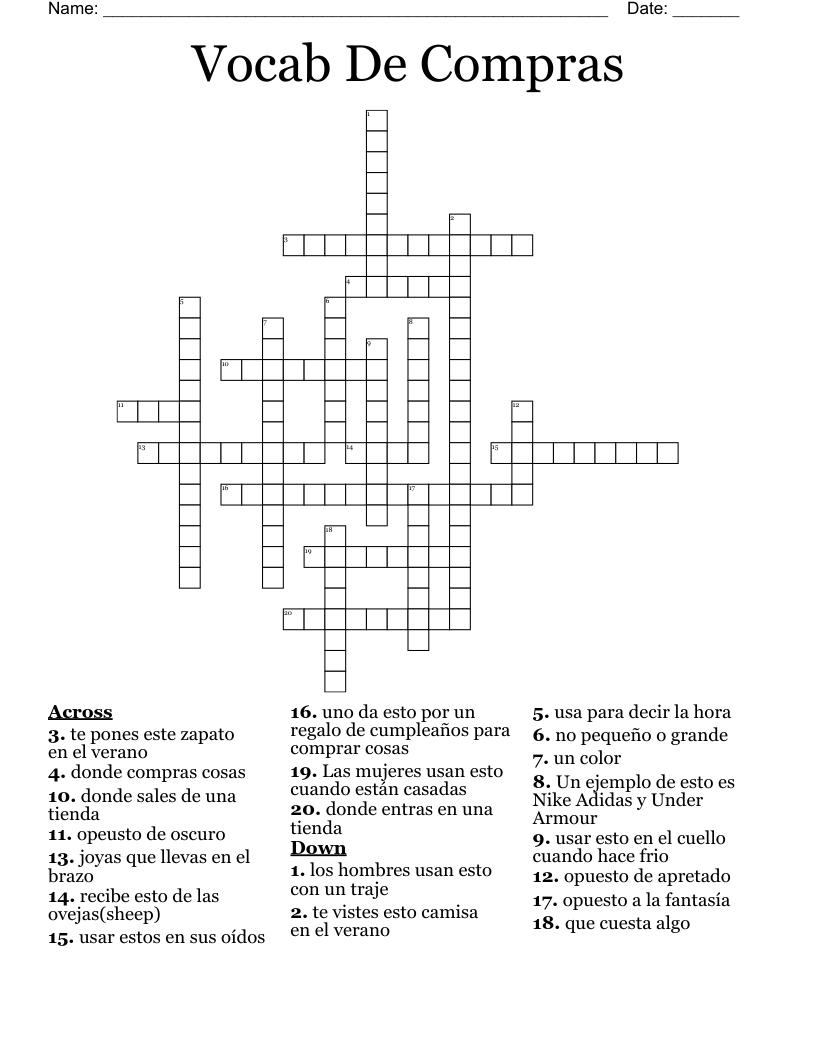 Vocab De Compras Crossword