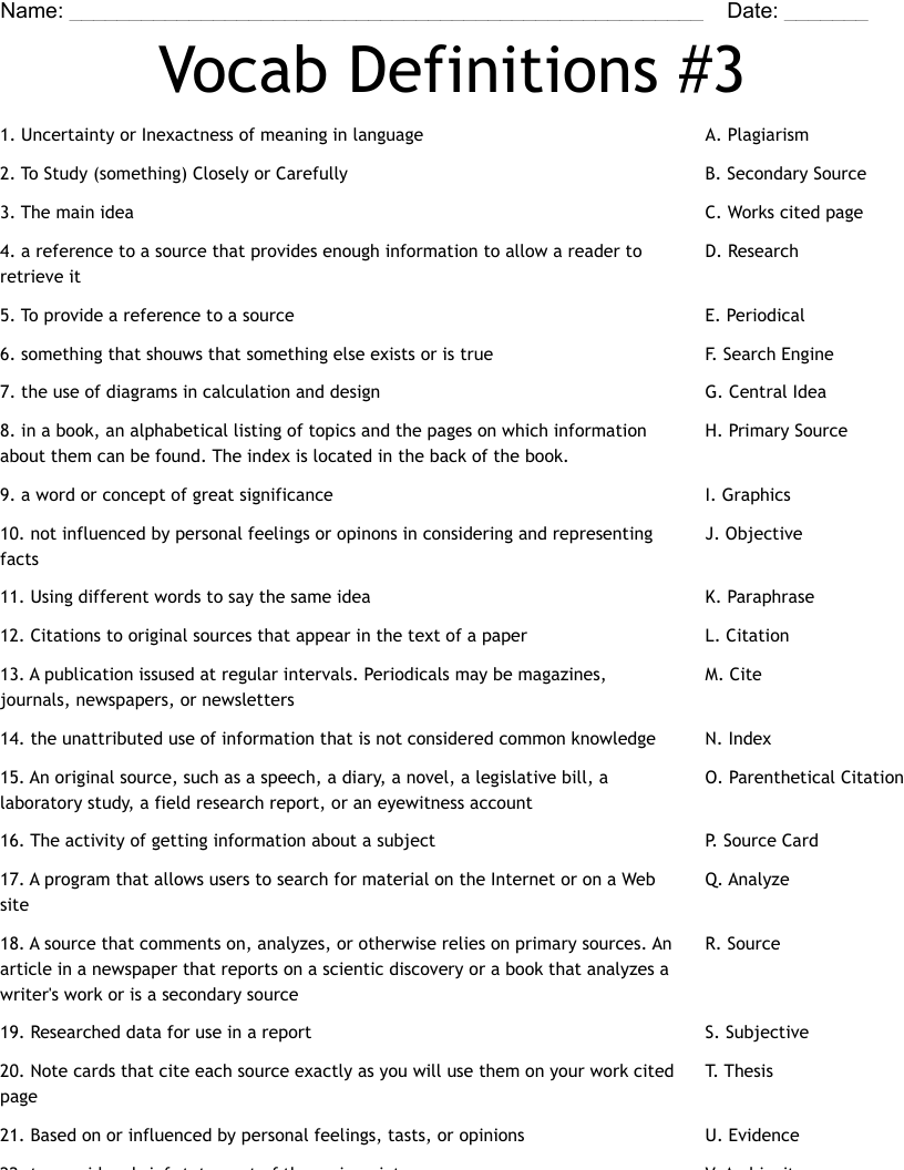 Vocab Definitions #3 Worksheet