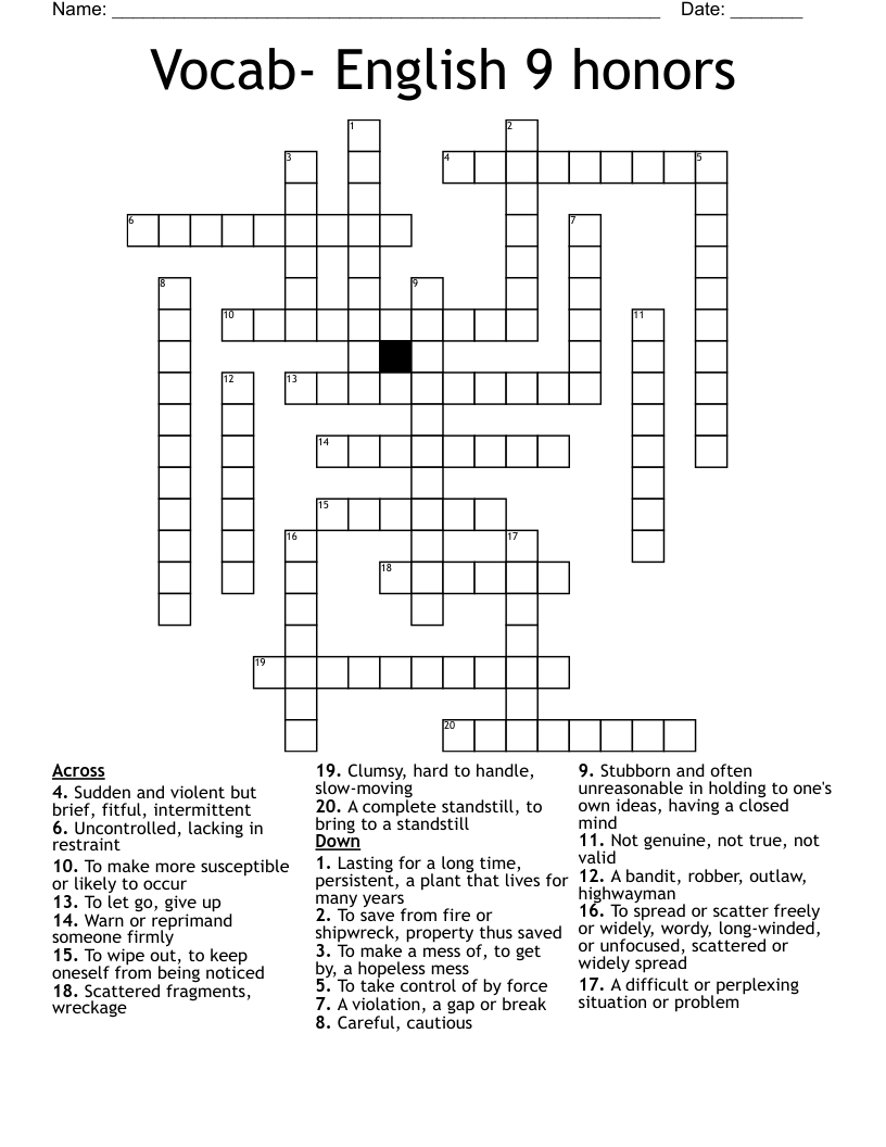 Vocab- English 9 honors  Crossword
