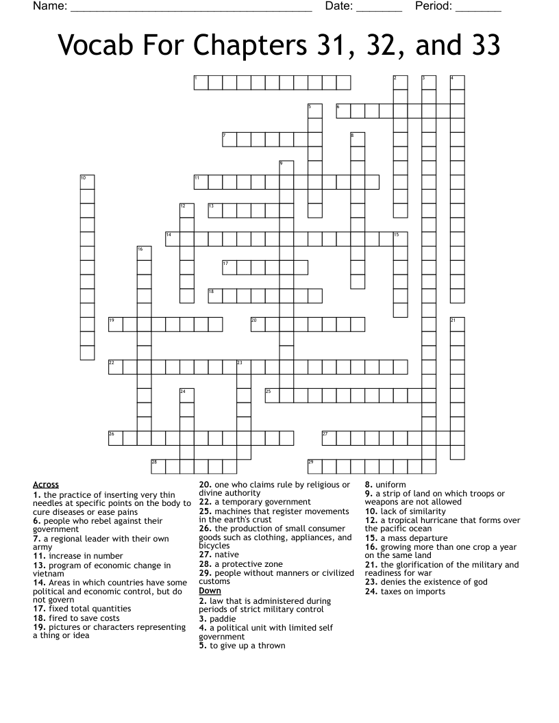 Vocab For Chapters 31, 32, and 33 Crossword