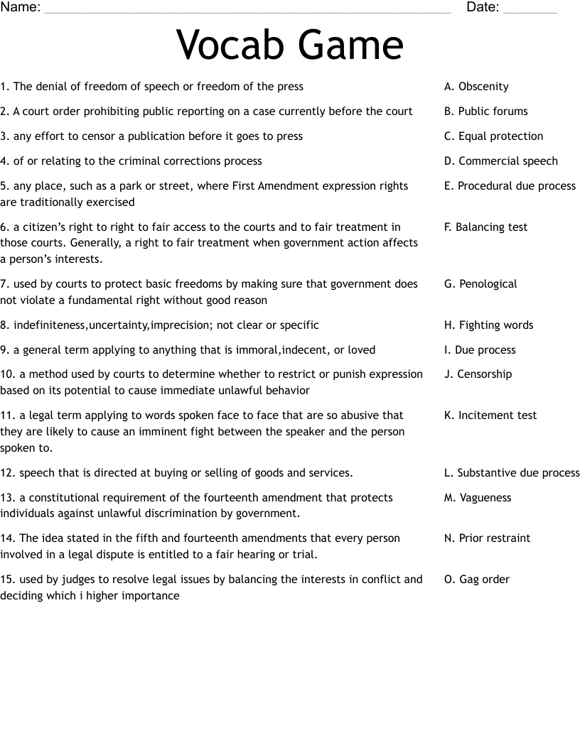 Vocab Game Worksheet