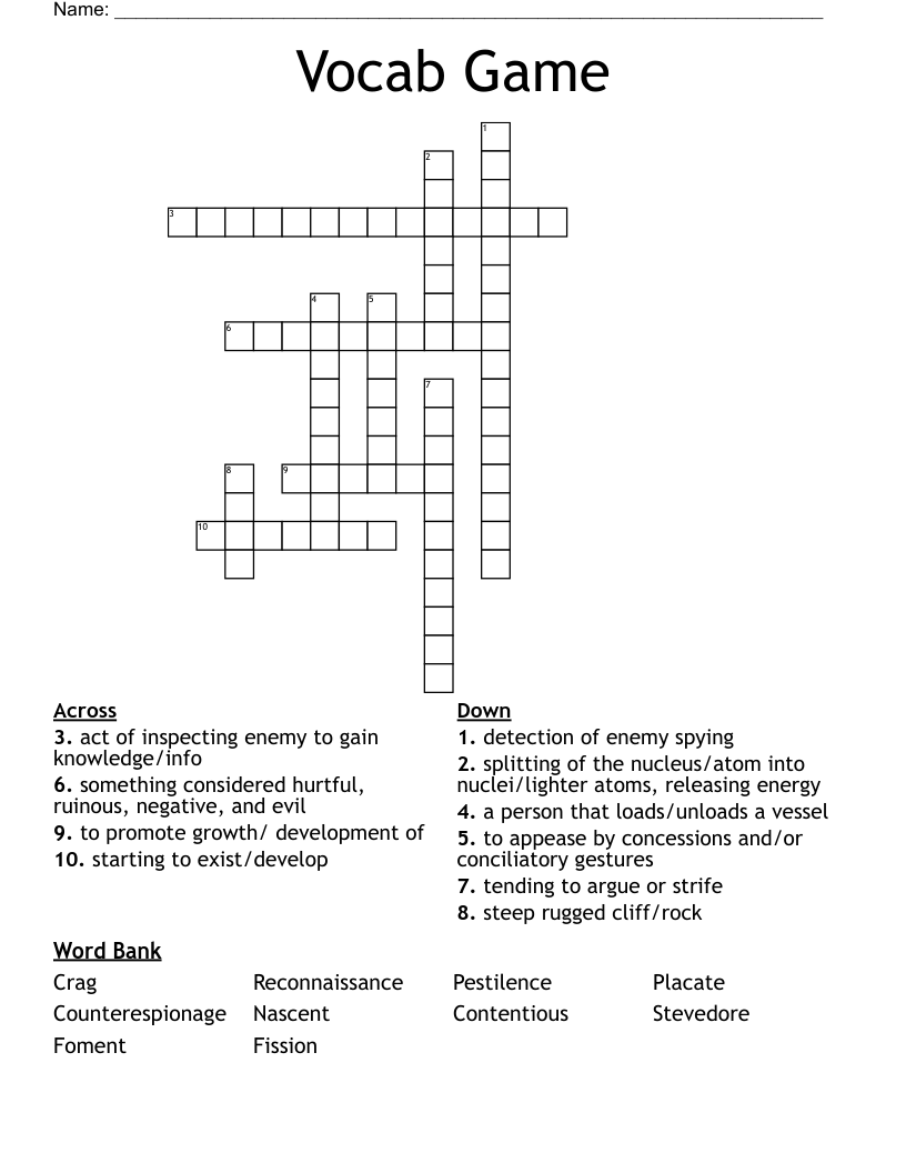 Vocab Game Crossword