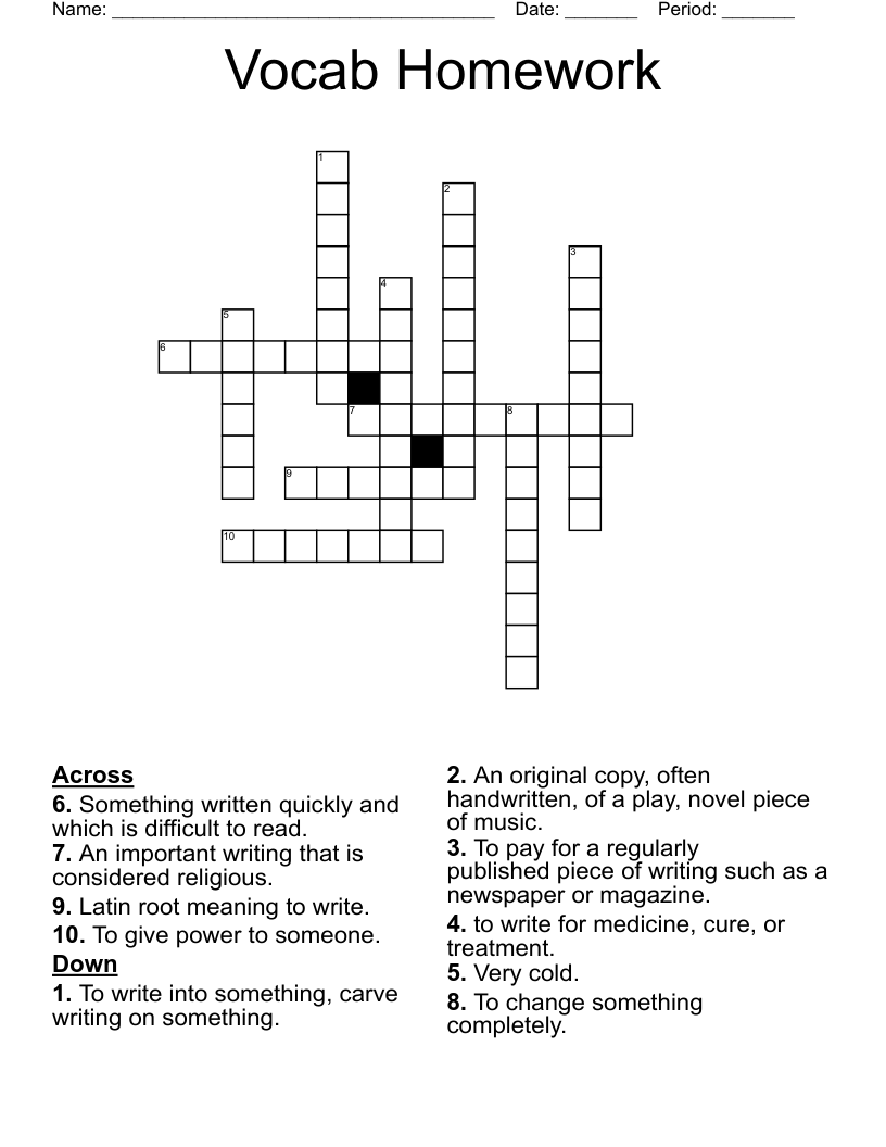 Vocab Homework Crossword