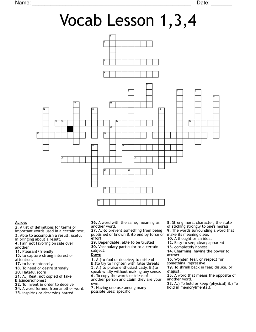 Vocab Lesson 1,3,4 Crossword