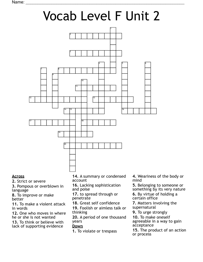 Vocab Level F Unit 2 Crossword