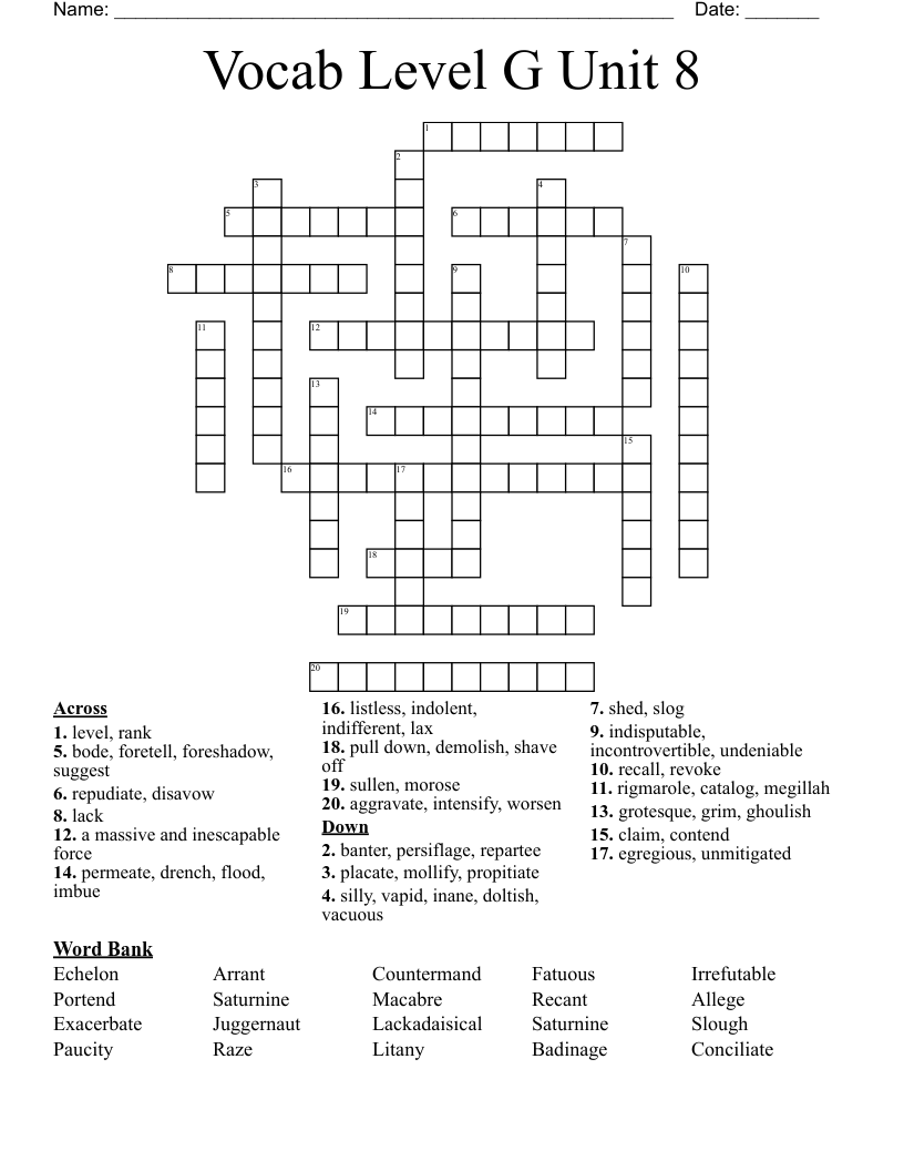 Vocab Level G Unit 8 Crossword