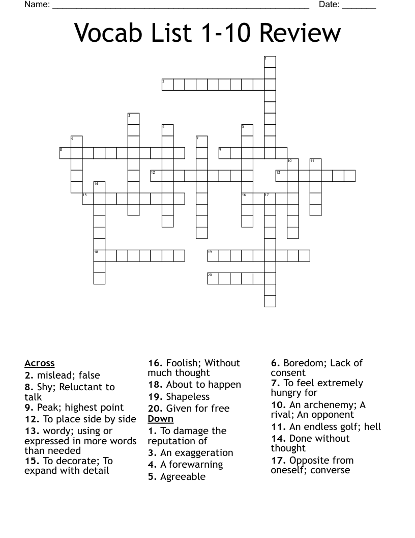 Vocab List 1-10 Review Crossword