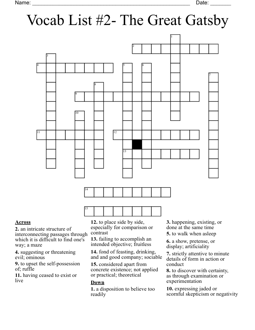Vocab List #2- The Great Gatsby Crossword