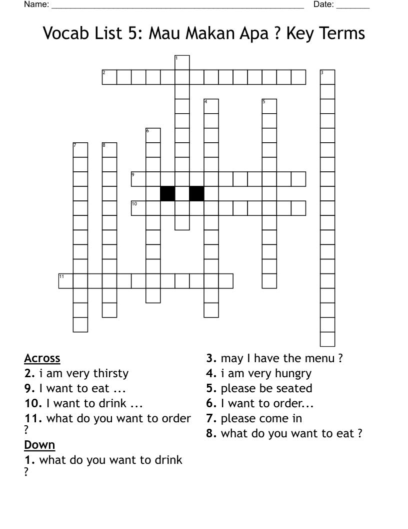 Vocab List 5: Mau Makan Apa ? Key Terms Crossword