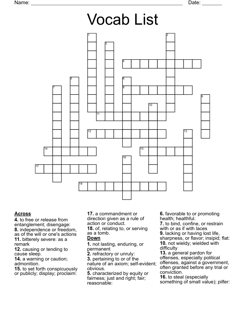 Vocab List  Crossword