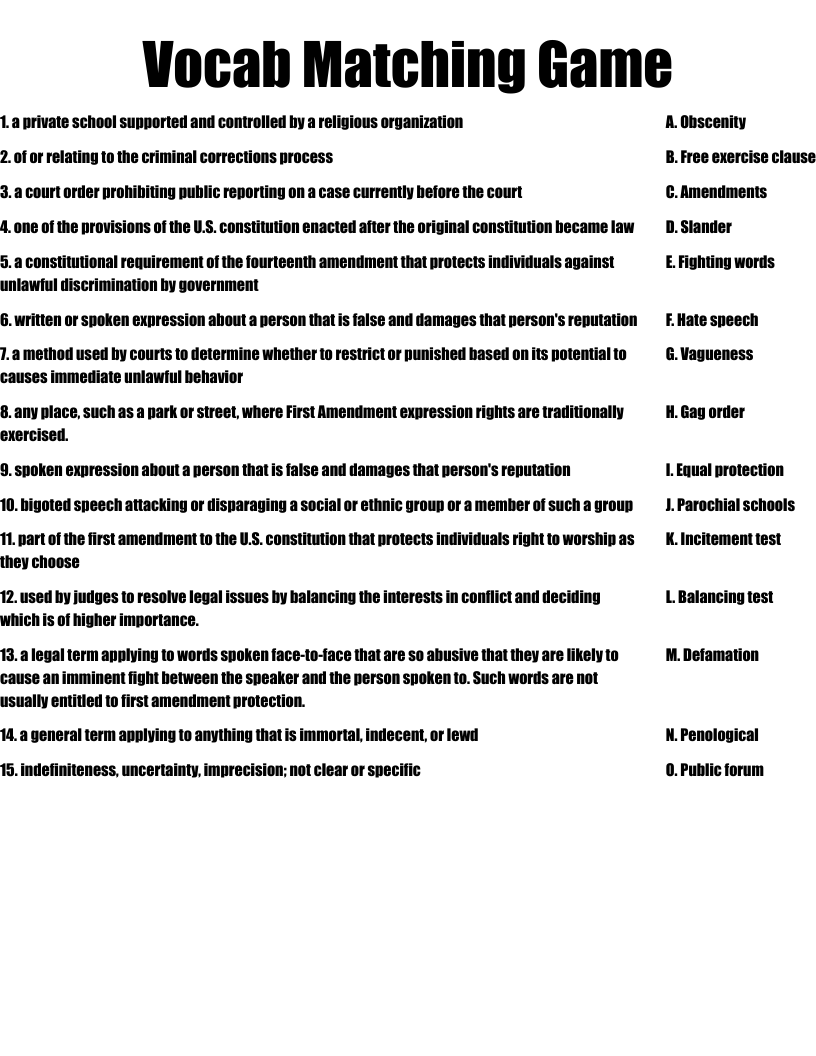 Vocab Matching Game Worksheet