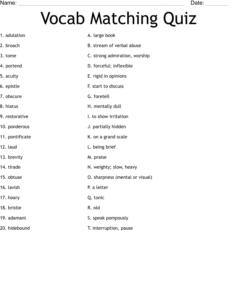 Vocab Matching Quiz Worksheet