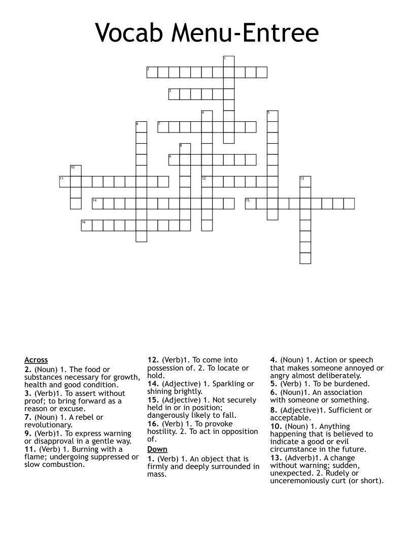 Vocab Menu-Entree Crossword