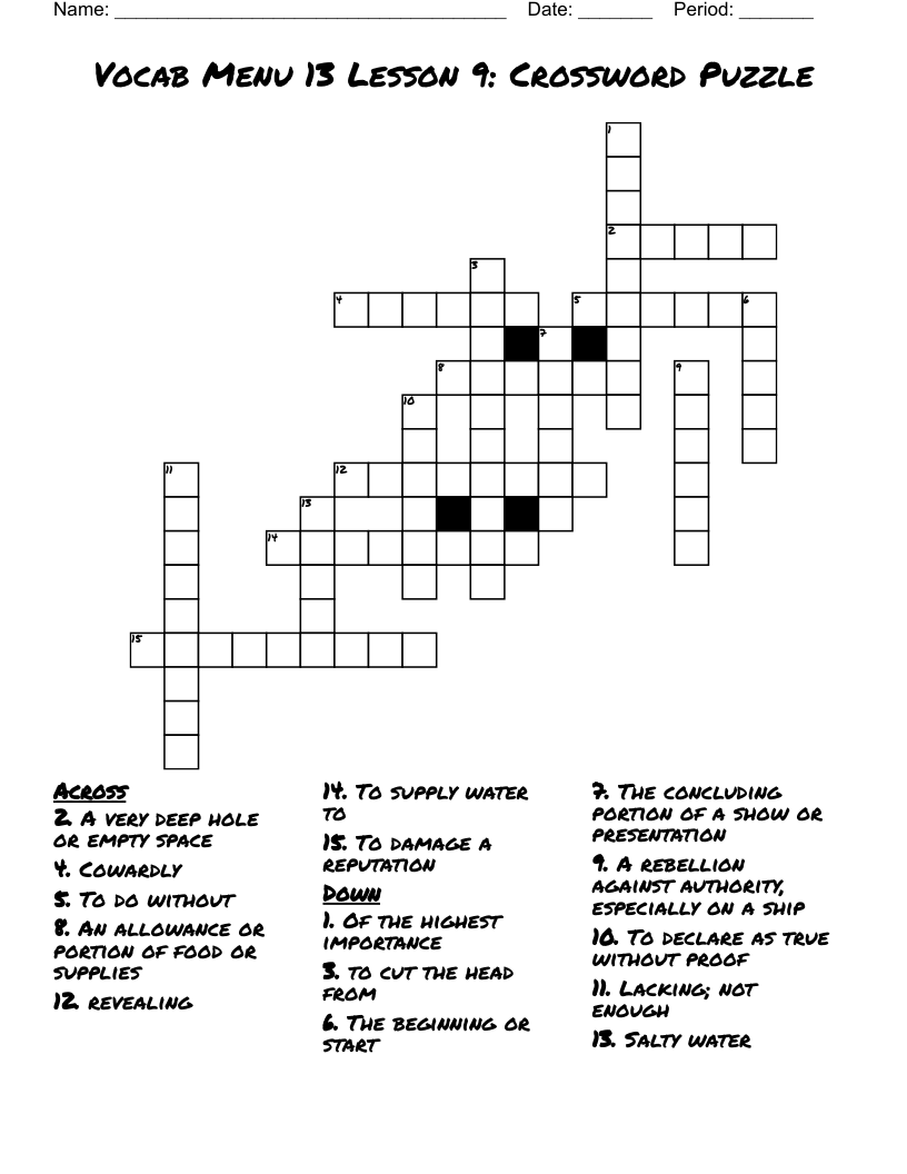 Vocab Menu 13 Lesson 9: Crossword Puzzle