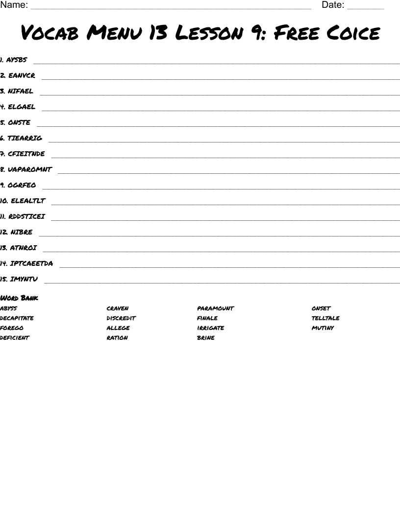 Vocab Menu 13 Lesson 9: Free Coice Word Scramble