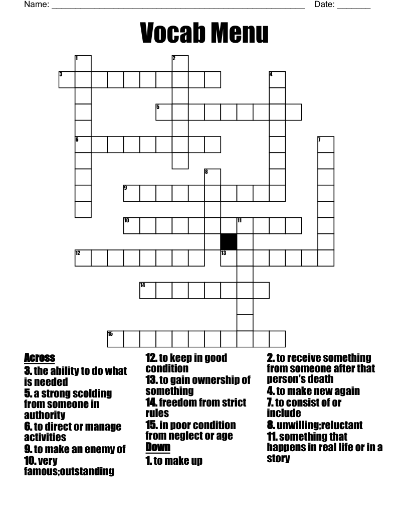 Vocab Menu Crossword