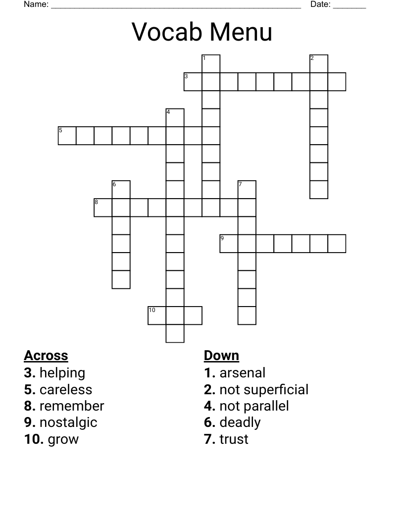 Vocab Menu Crossword