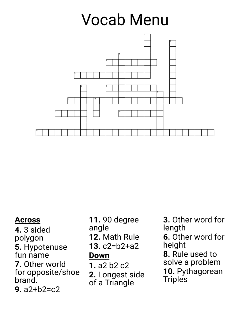 Vocab Menu Crossword