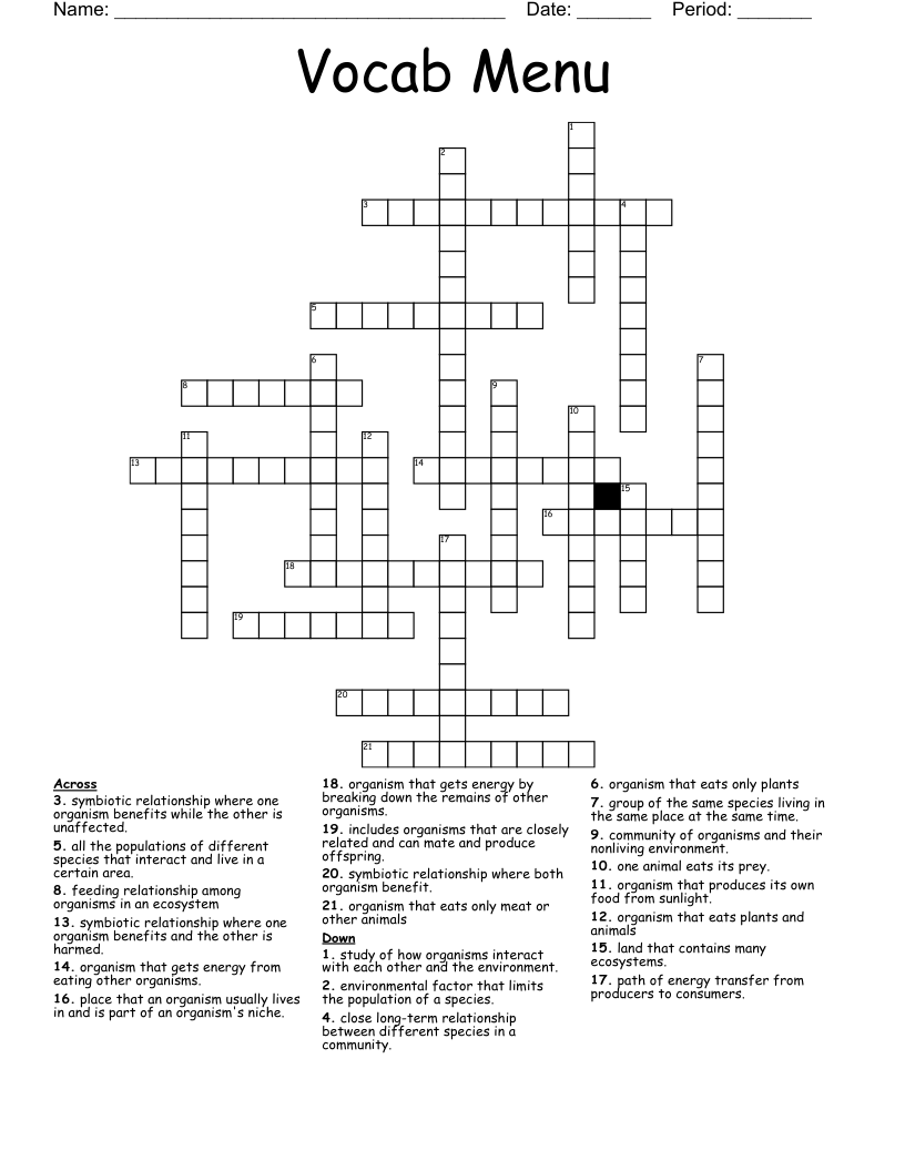 Vocab Menu Crossword