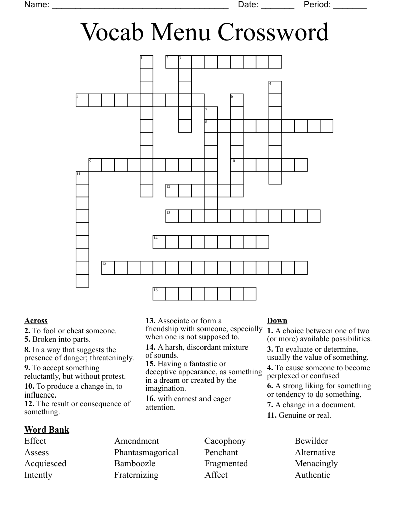 Vocab Menu Crossword