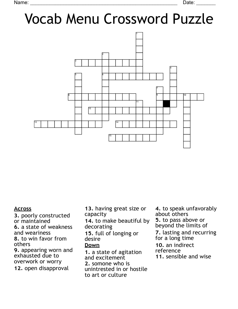 Vocab Menu Crossword Puzzle