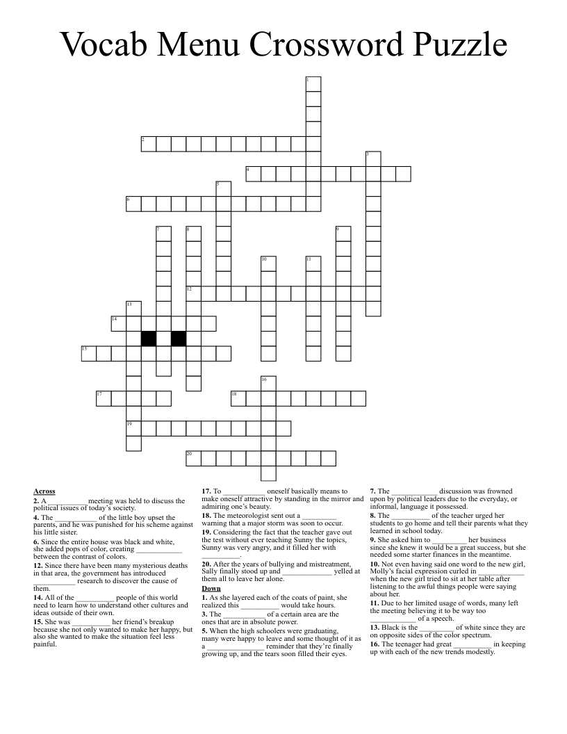 Vocab Menu Crossword Puzzle