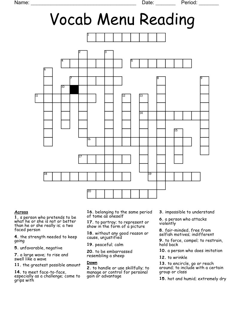 Vocab Menu Reading Crossword
