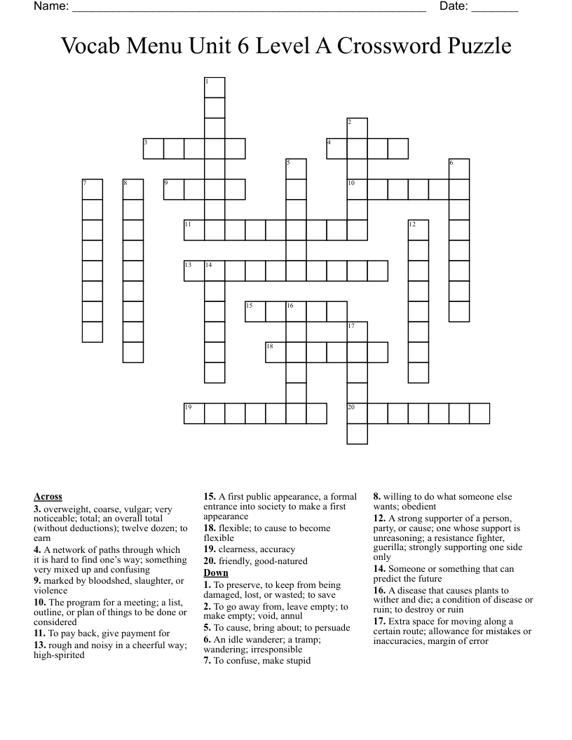 Vocab Menu Unit 6 Level A Crossword Puzzle