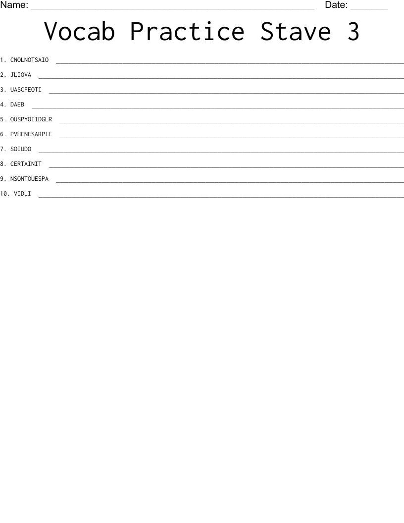 Vocab Practice Stave 3 Word Scramble