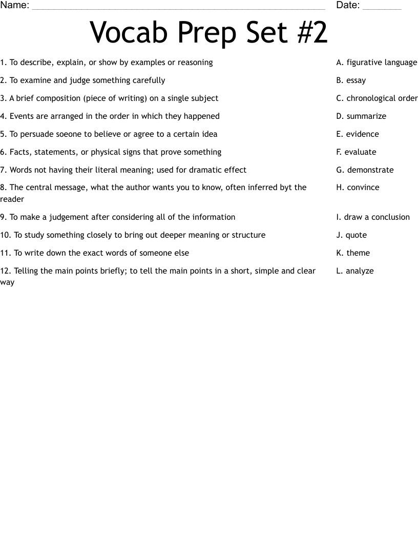 Vocab Prep Set #2 Worksheet