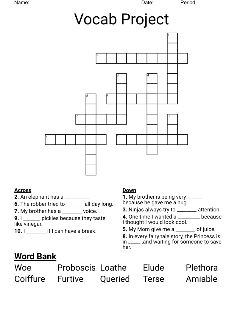 Vocab Project Crossword