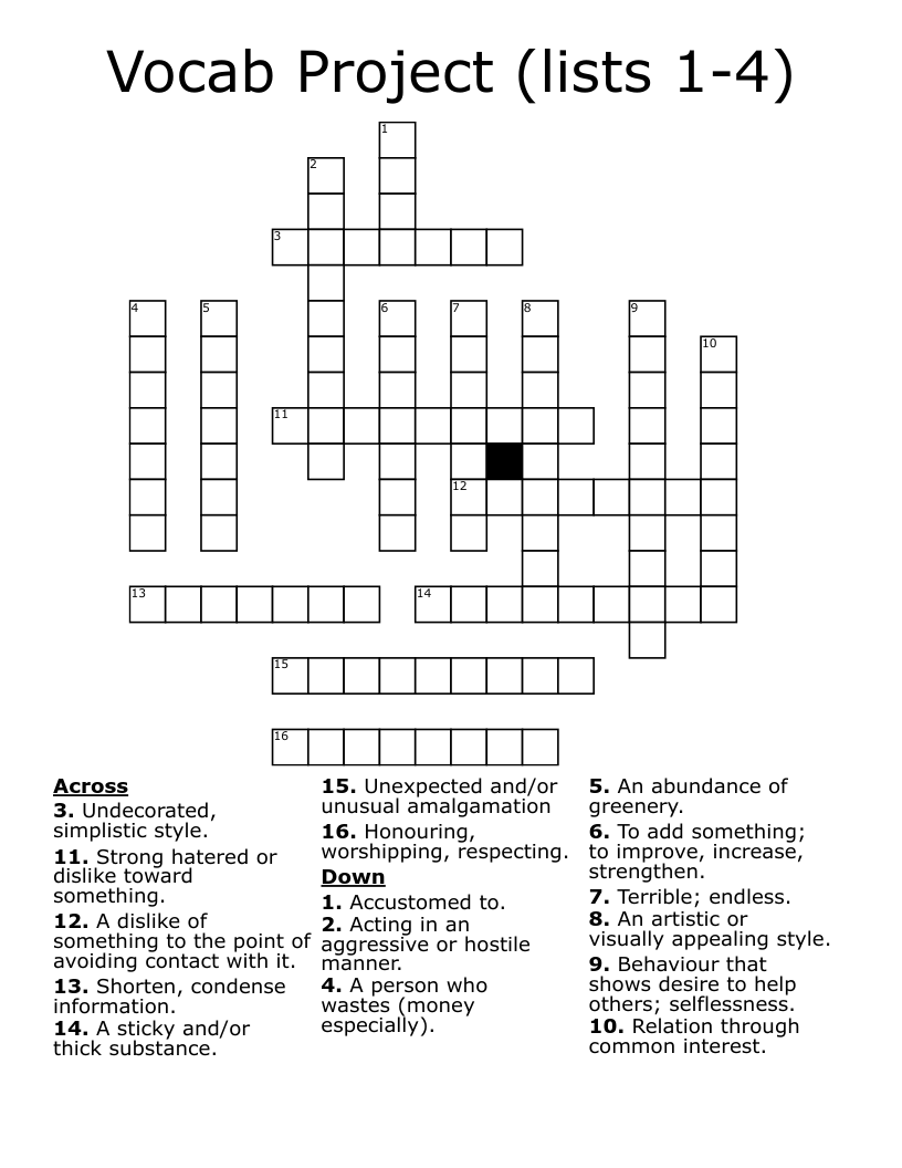 Vocab Project (lists 1-4) Crossword