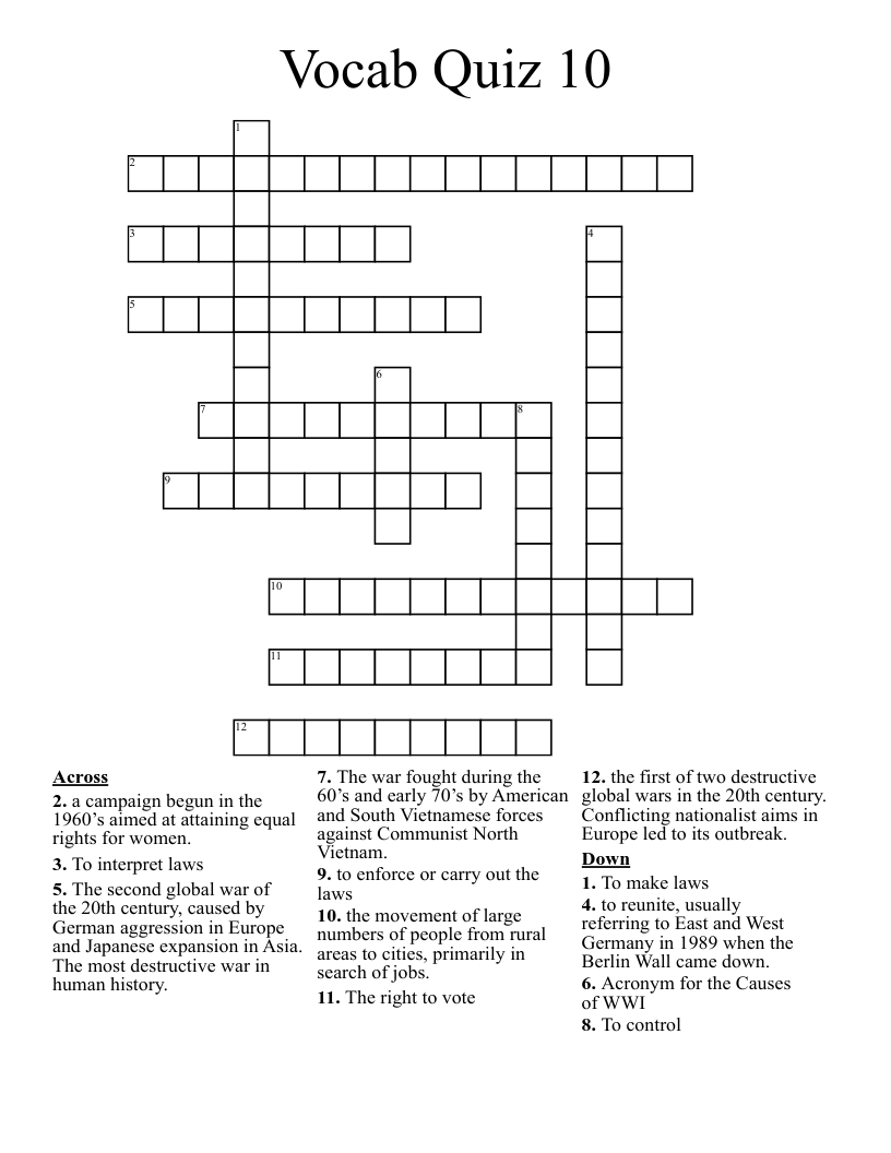 Vocab Quiz 10 Crossword