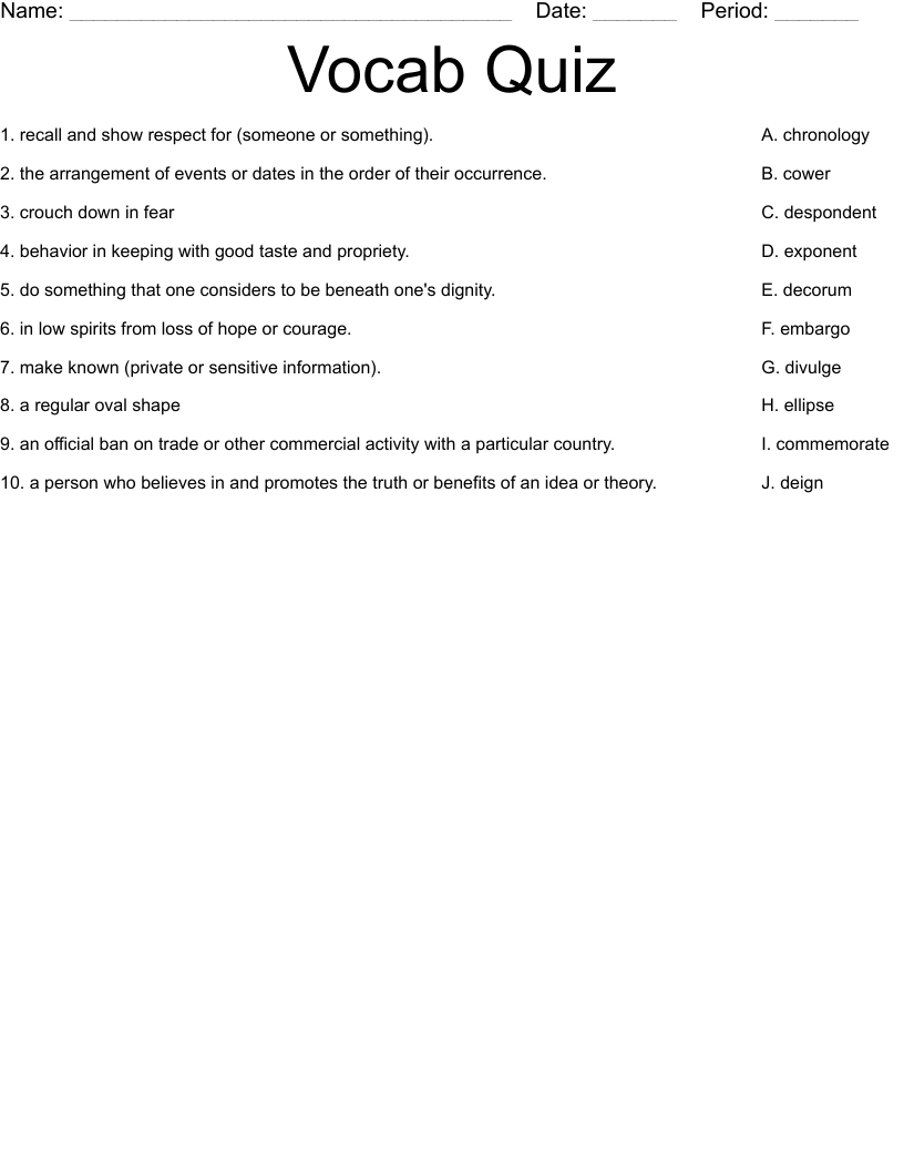 Vocab Quiz Worksheet