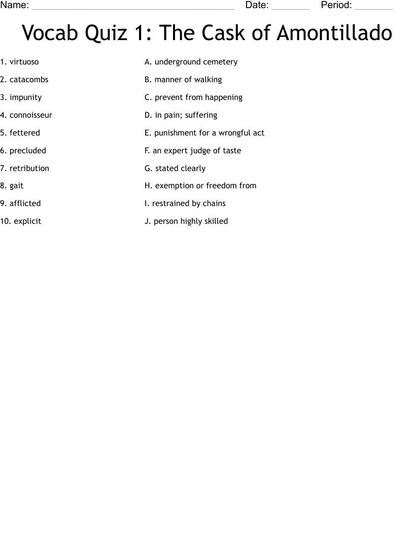 Vocab Quiz 1: The Cask of Amontillado Worksheet
