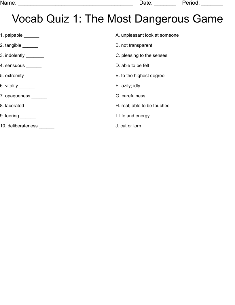 Vocab Quiz 1: The Most Dangerous Game Worksheet